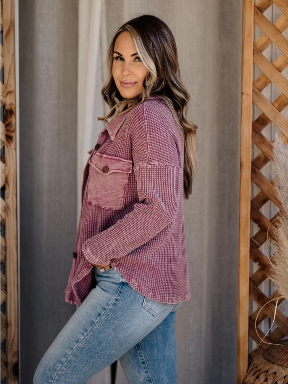 Bucket List Kayla Waffle Knit Shacket In Washed Fuchsia - Picture 2 of 15